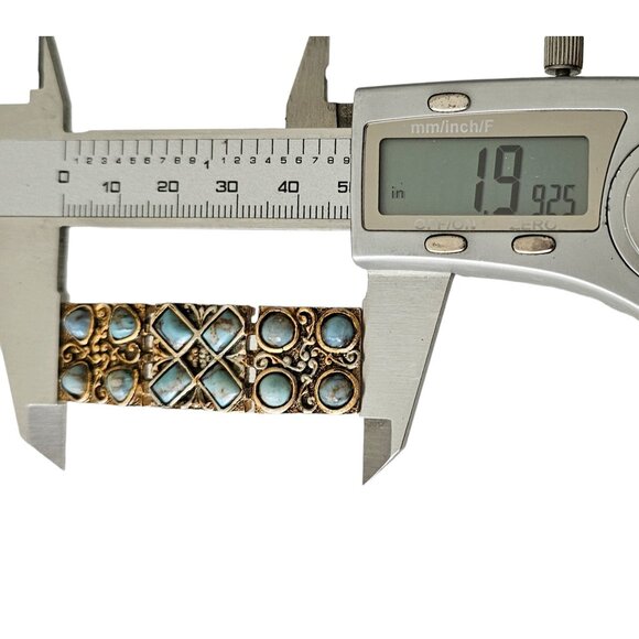 P&M Paris Gold Tone Blue Venetian Style Glass Cabochon Panel Bar Brooch, L254 - Picture 7 of 9